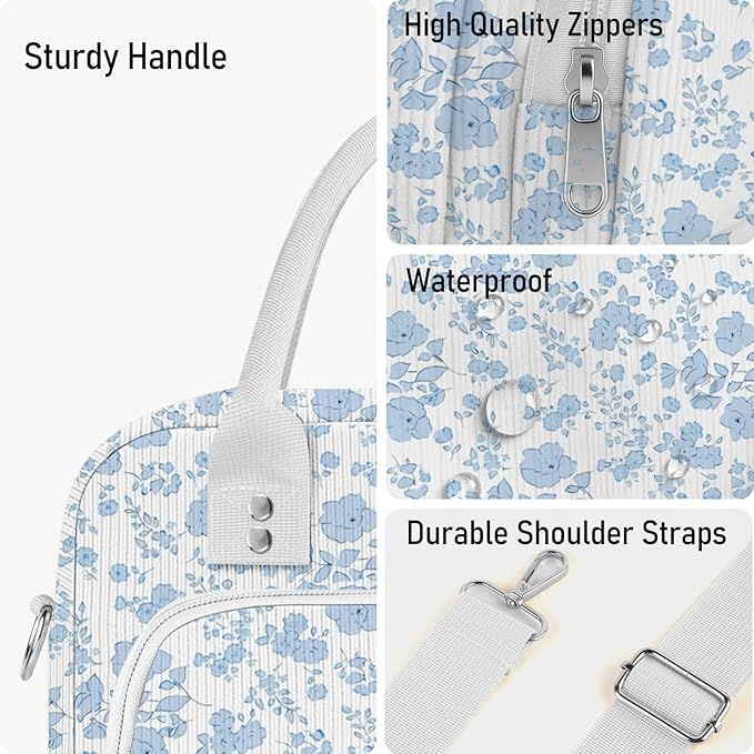 Lunch Bag Large Insulated Lunch Box for Women Men Adult Cute Blue Floral Lunchbox Corduroy Lunch Bags Boxes Pail with Shoulder Strap for Work Mom Picnic Office Travel 11.4×6.8×9.1 inches 11.5L