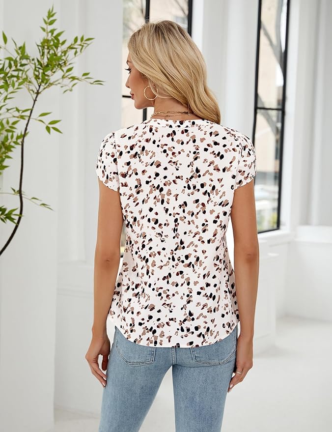 Blooming Jelly Women's Dressy Casual Tops Business Work Blouses White Button Down Shirts Cap Sleeve V Neck Tshirt