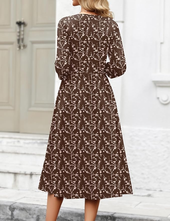 Zeagoo 3/4 Sleeve Women's Dress Casual Flowy A-Line Midi Tshirt Dresses with Pockets Crewneck Vocation Boho Beach Sundress