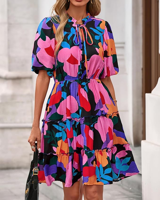 BTFBM Women Summer Floral Short Dresses V Neck Short Sleeve Tiered Ruffle Boho Swing Dress A-Line Mini Dresses