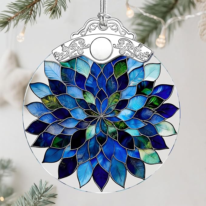 Blue and Green Leaves Mandala Stained Glass Ornament – Christmas Ornament, Christmas Tree Ornament & Perfect Holiday Decor, Housewarming Gifts, Gifts for Women, Friends or Family