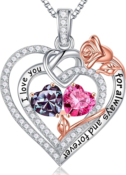 Iefil Valentines Day Gifts for Her - 925 Sterling Silver Double Birthstone Necklace, Anniversary Birthday Gifts for Women, Jewelry Gift for Wife Girlfriend Mom Her