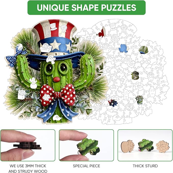 MEATRN Puzzles for Adults - Playful Cartoon Cactus Design with Hat Wooden Puzzles, Unique Plants Wood Jigsaw Puzzle for Friends and Children Gift, Family Game, 207 Pcs, 11.4 x 11.3in