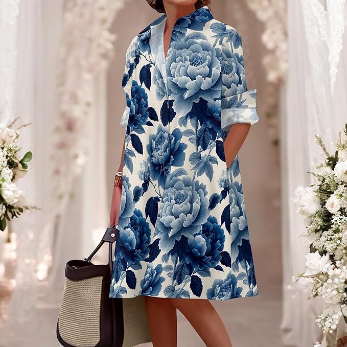 Shirt Dresses for Women 2025 Summer Long Sleeve Casual Plus Size Floral Printed Beach Vacation Dress with Pockets