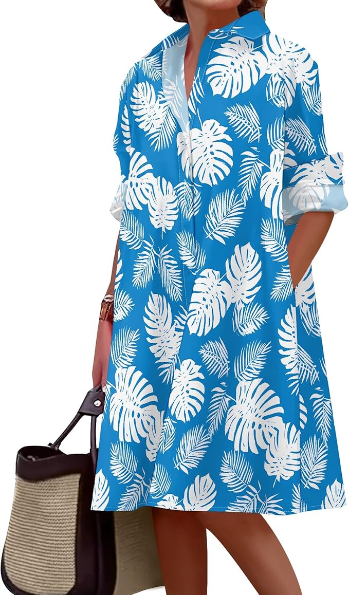 Shirt Dresses for Women 2025 Summer Long Sleeve Casual Plus Size Floral Printed Beach Vacation Dress with Pockets