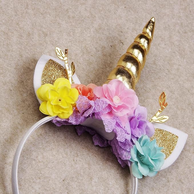 Nishine Unicorn Horn Floral Headband Glitter Ears Pony Head Bands Tiara for Girls Party Birthday Cosplay