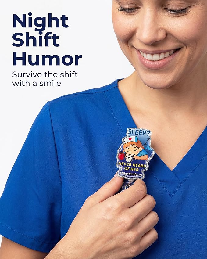 Night Shift Nurse Badge Reel Retractable 2 Pack - Funny Glitter Sleep? ID Name Tag Holder for NOC RN LPN - Cute Labor and Delivery Nurse Accessories - Midwife & ER Nursing Gifts for Work