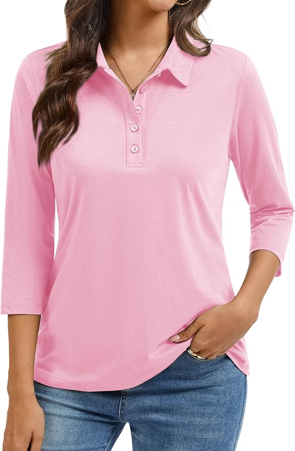 YUCOLEN Polo Shirts for Women 3/4 Sleeve Tops Golf Tees 5-Button Collared Cotton Shirt Business Casual