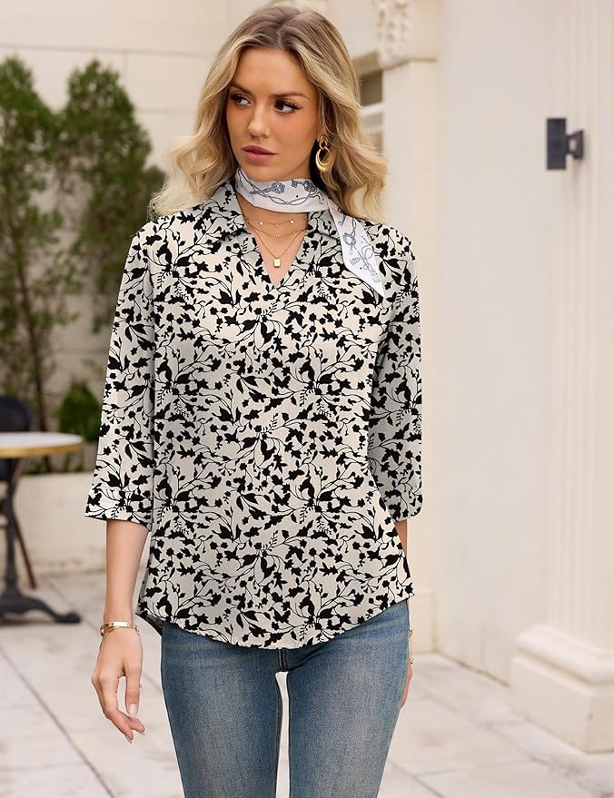 LOMON Womens 3/4 Sleeve Tops V Neck Cotton Linen Work Blouse Polo Shirts for Women Business Casual 2026