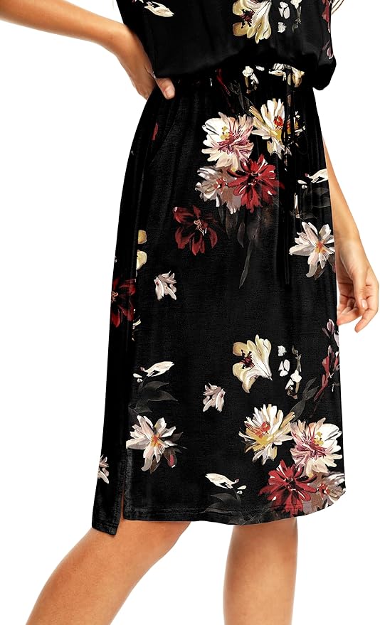 Simier Fariry Womens Spring Hide Belly Knee Length Travel Dress Pocket Summer Short Sleeve Midi Work Casual Outfits