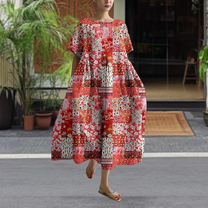 MARSVOVO Patchwork Flowy Dresses for Women Plus Size Loose Casual Tunic Dress Elegant Crewneck Maxi Dresses with Pockets