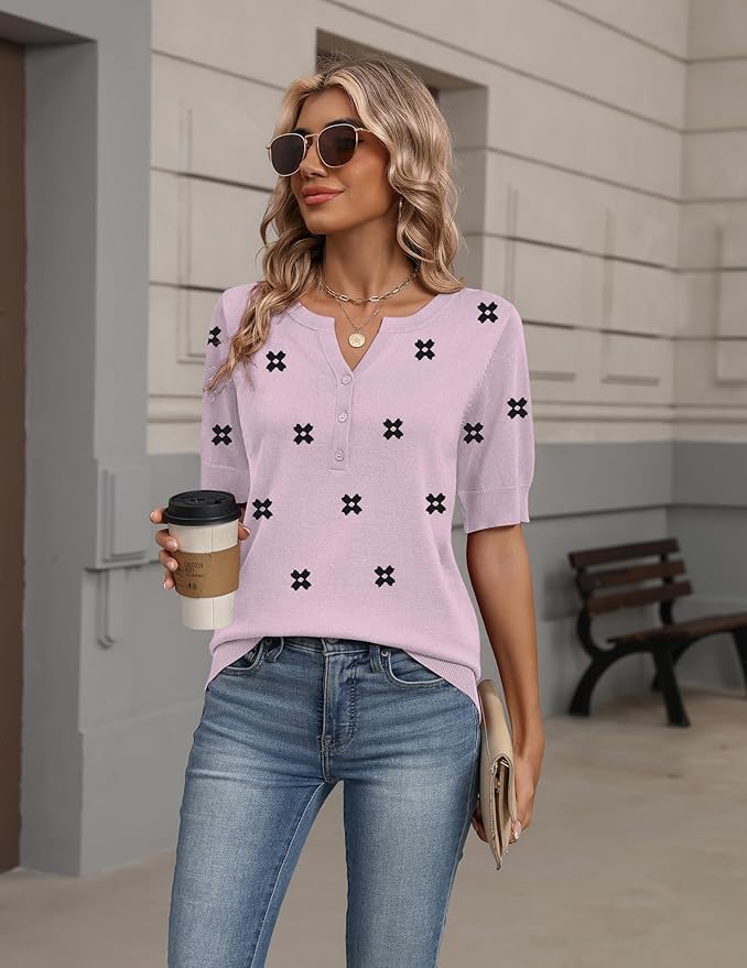 Zeagoo Women's Short Sleeve Sweater 2026 Spring Summer Tops Lightweight Casual V Neck Sweaters Dressy Work Blouses Clothes