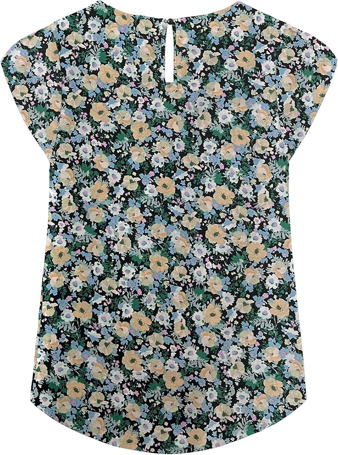 TASAMO Women's Casual Round Neck Basic Pleated Top Cap Sleeve Curved Keyhole Back Chiffon Blouse