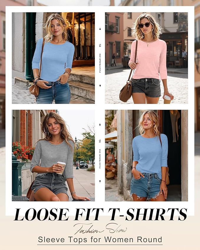 Ficerd 3 Pack 3/4 Sleeve Tops for Women Round Neck Dressy Basics Tees Casual Trendy Loose Fit T Shirts