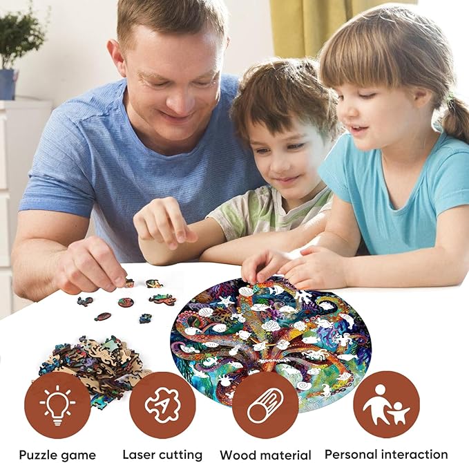 Reouinty Wooden Puzzle, Octopus Ocean Jigsaw Puzzles 200 Piece, Wood Adult Puzzle, Unique Animal Adult Puzzles Piece, Best Gift for Family Game 11.2x11.2 in