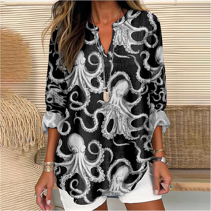 MARSVOVO V Neck Shirt For Women Boho Multi Style Blouse Long Sleeve Novelty Graphic Plus Size Pullover Tops For Women