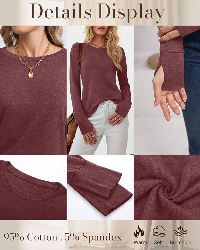 Huukeay 3 Pack Women's Long Sleeve Shirts with Thumb Holes, Cotton Casual Crew Neck Tunic Tops Fall Loose Y2k Trendy Outfits