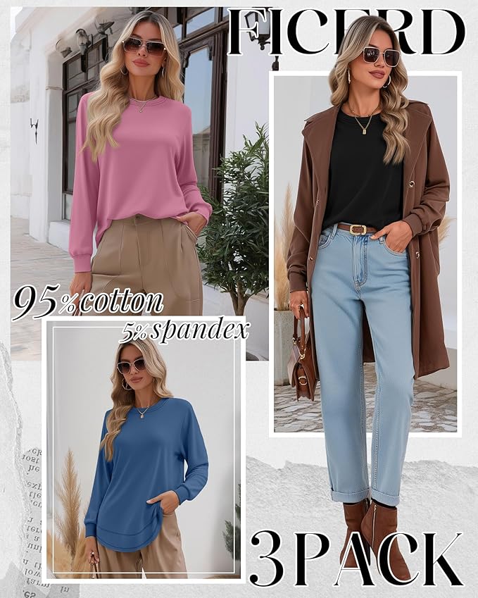 Ficerd 3 Pack Women's Long Sleeve Shirts, Cotton Crew Neck Tunic Tops Casual Loose Fit Pullover Sweatshirts Curved Hem Shirts