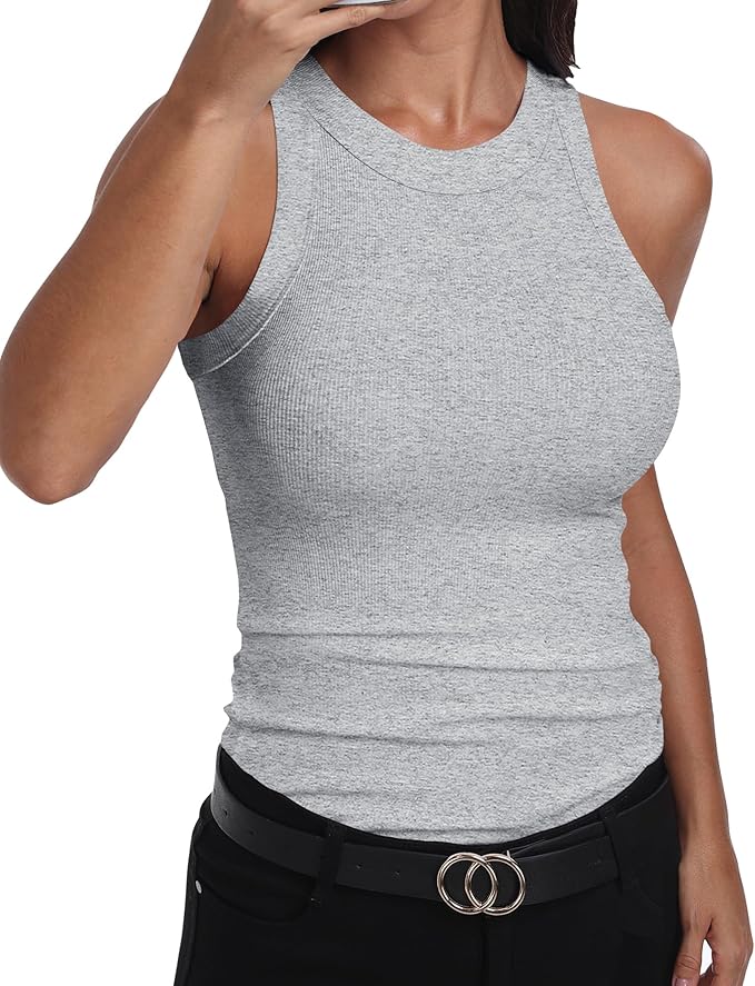 GEMBERA Womens Sleeveless Racerback High Neck Casual Basic Cotton Ribbed Fitted Tank Top