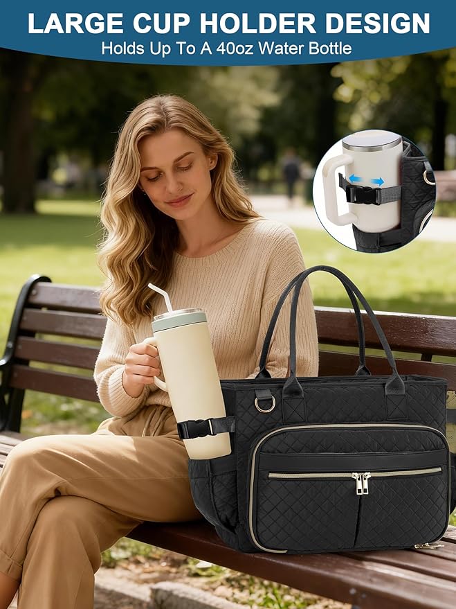 FIORETTO Teacher Tote Bag for Women with Laptop Compartment, Large Cup Holder, Zip Closure, Ideal for Work, Bible, Nurse