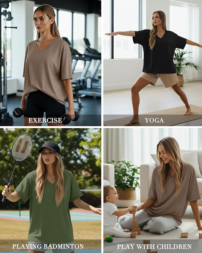 Huukeay Women's Cotton Oversized T Shirts 3 Pack V Neck Loose Fit Half Sleeve Tops Baggy Casual Summer Gym Workout Tees 2026
