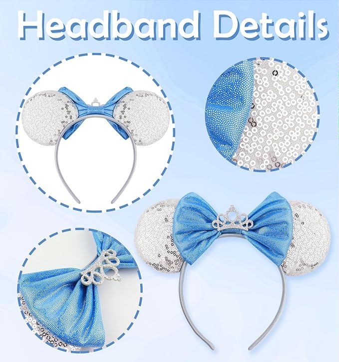 LIHELEI Mouse Ears Headband, Princess Mouse Ears Headbands for Halloween Costume, Princess Party Headwear Hair Accessories -2 pack Silver+Pink
