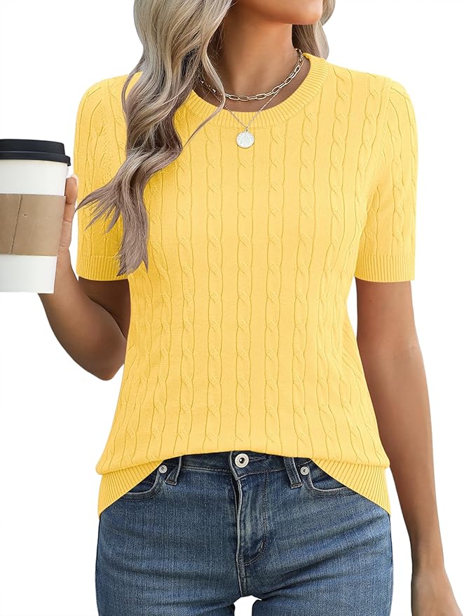 Micoson Womens Short Sleeve Cable Knit Sweater Tops Crewneck Lightweight Spring Summer Shirts Business Dressy Casual Outfits