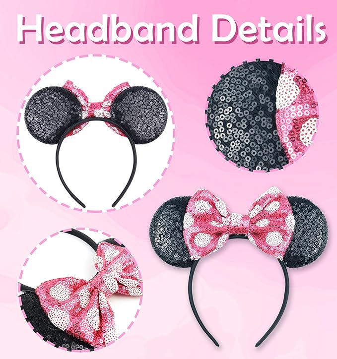 LIHELEI Minnie Ears Mouse Ears Headband with Sequin Bows, Headbands for Halloween Costume, Headwear Hair Accessories for Women - 3PCS Hot Pink