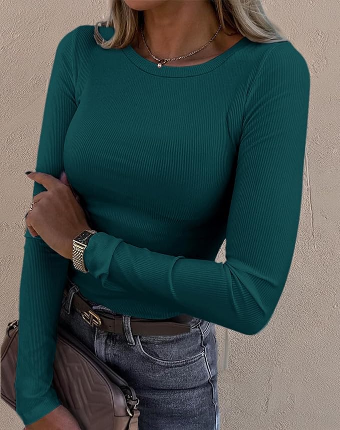 Roselux Womens Long Sleeve Stretch Crewneck Ribbed T-Shirt Fitted Casual Basic Tops