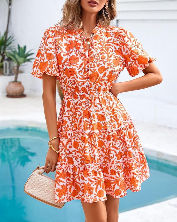 BTFBM Women Summer Floral Short Dresses V Neck Short Sleeve Tiered Ruffle Boho Swing Dress A-Line Mini Dresses