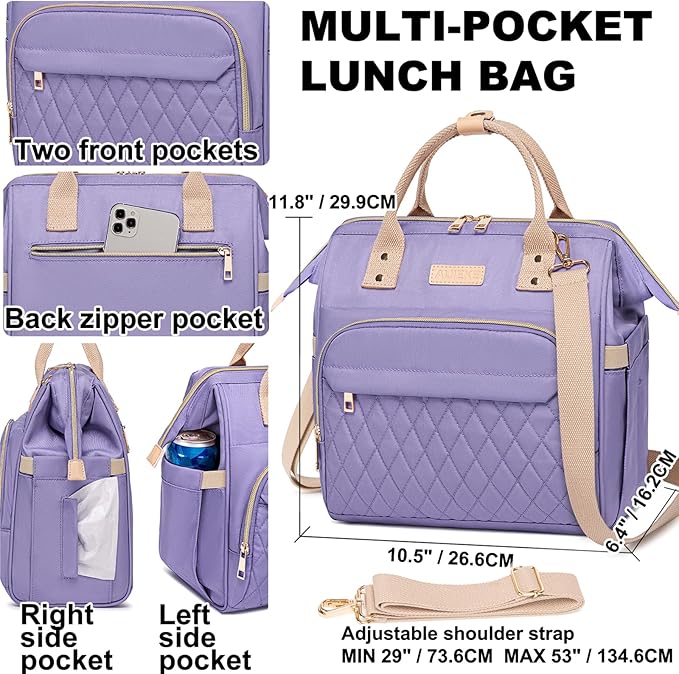 AIJIEKE Lunch Bag for Women, Leakproof & Insulated Work Lunch Box Tote, Reusable Adult Cooler Bag with Water Bottle Side Pocket & Removable Shoulder Strap, Purple