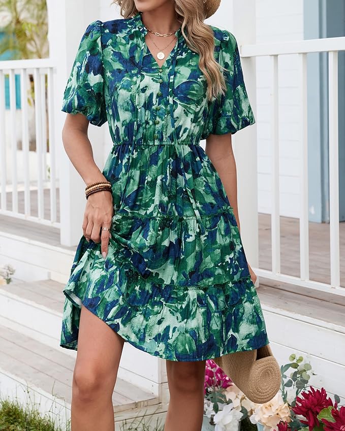 BTFBM Women Summer Floral Short Dresses V Neck Short Sleeve Tiered Ruffle Boho Swing Dress A-Line Mini Dresses