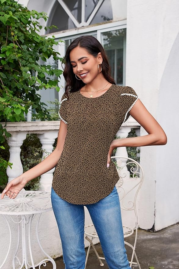 TASAMO Women's Casual Round Neck Basic Pleated Top Cap Sleeve Curved Keyhole Back Chiffon Blouse