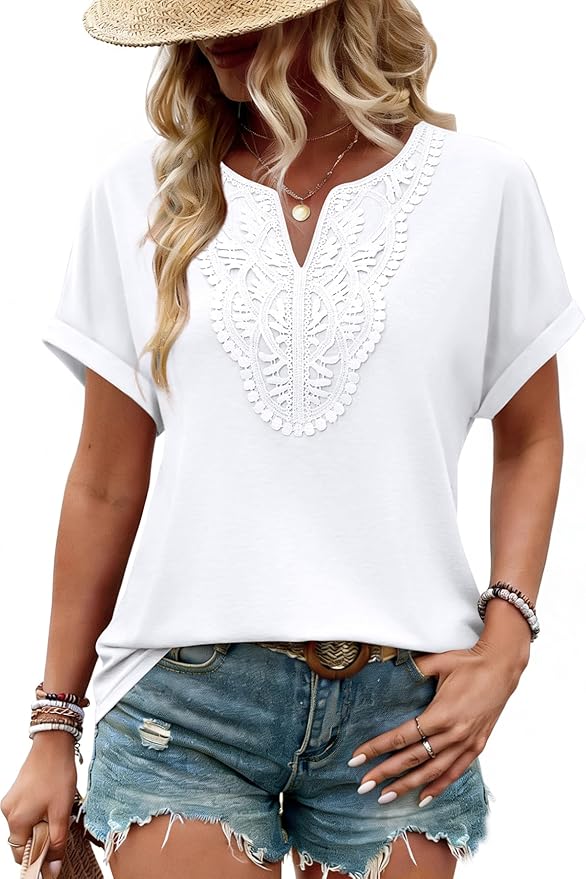 Sipaya Womens Blouses Dressy Casual Summer Shirts Short Sleeve Lace Front Boho Tunic Tops for Leggings Fashion Clothes