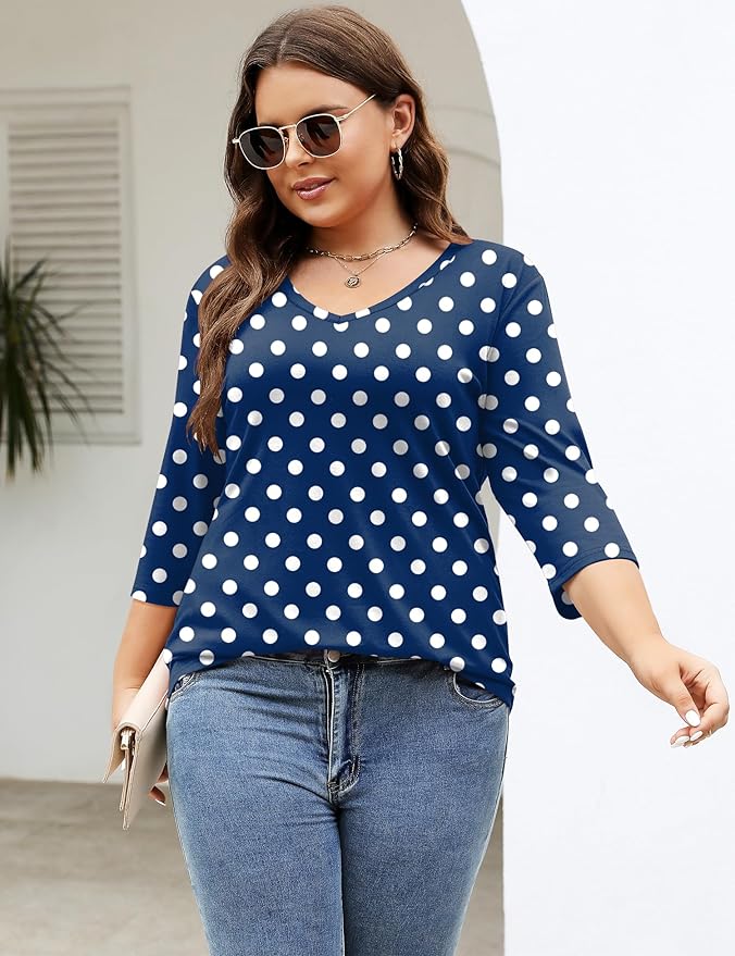 TFSDOD Womens Plus Size Tops V Neck T Shirts 3/4 Sleeve Blouse Summer Casual Tees XL-5X