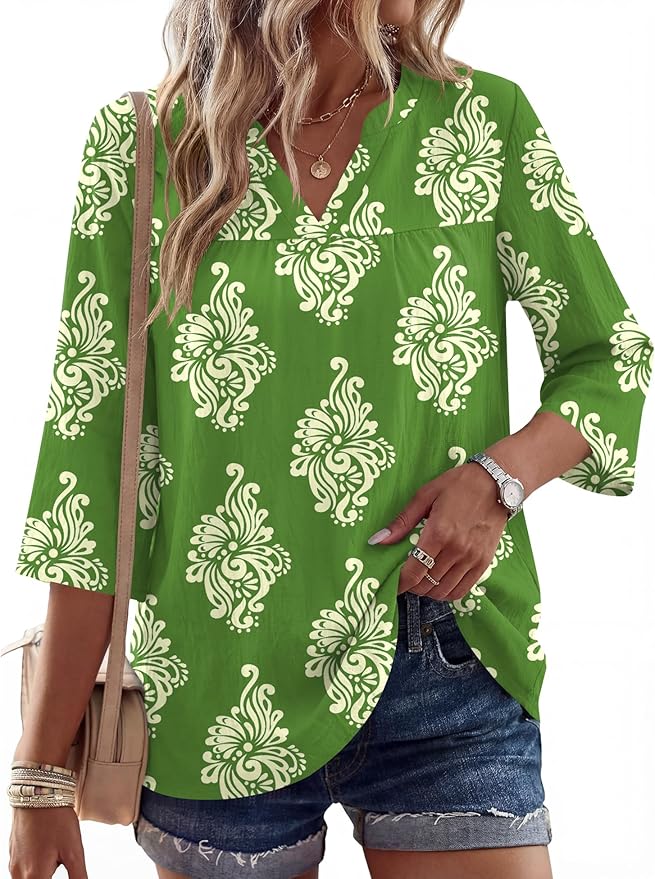 Rapbin Womens 3/4 Sleeve V Neck Floral Print Pleated Blouses for Women Dressy Casual Loose Fit Tops