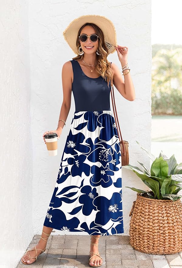 WNEEDU Women's Summer Maxi Dress 2026 Casual Sleeveless Hawaiian Sundress Tropical Long Dress Beach Vacation Outfit