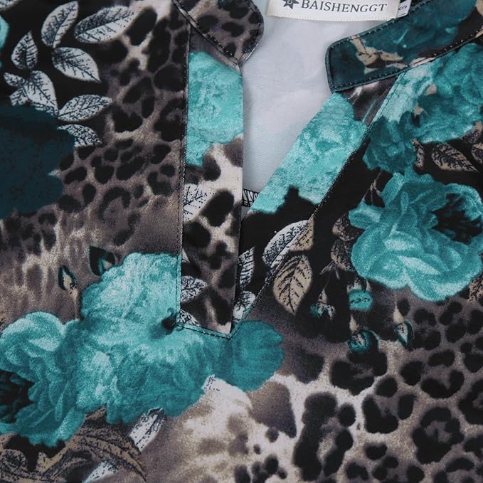 BAISHENGGT 3/4 Sleeve Tops for Women Notch V Neck Floral Work Blouses Dressy Casual Loose Fit Going Out Tunic Tops