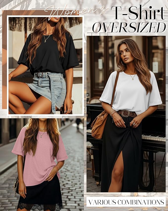 Riyiper 3 Pack Women's Oversized T-Shirt Half Sleeve Summer Tees Casual Loose Fit Crew Neck Basic Tops
