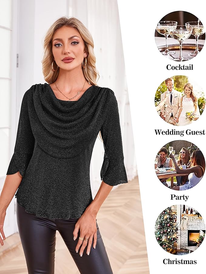 Lotusmile Blouses for Women Dressy Casual 3/4 Sleeve Cowl Neck Sparkly Tops Cocktail Shirts for Evening Party