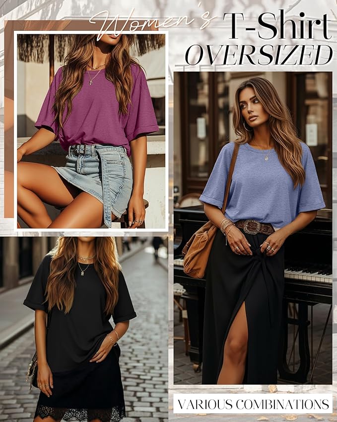 Riyiper 3 Pack Women's Oversized T-Shirt Half Sleeve Summer Tees Casual Loose Fit Crew Neck Basic Tops