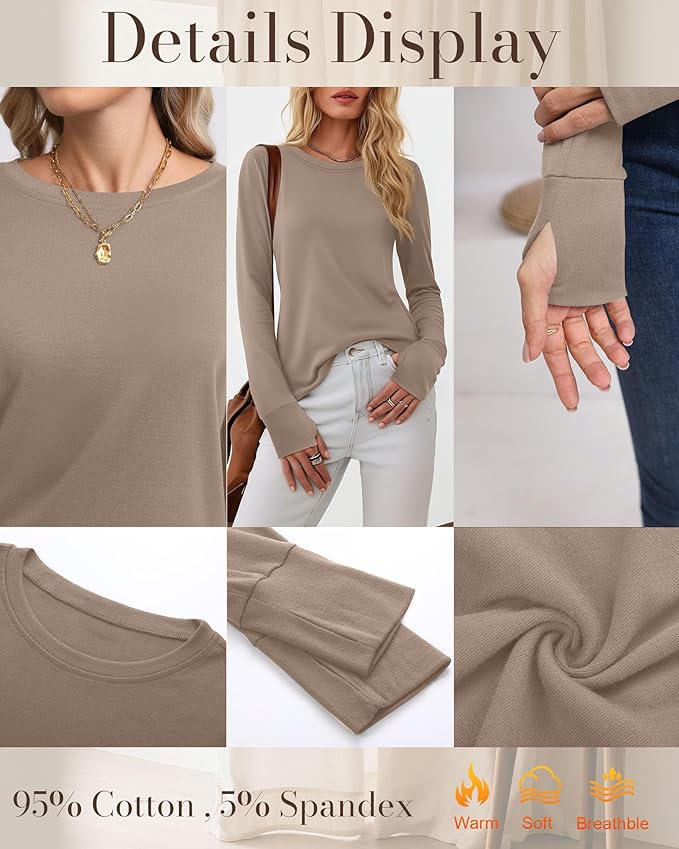 Huukeay 3 Pack Women's Long Sleeve Shirts with Thumb Holes, Cotton Casual Crew Neck Tunic Tops Fall Loose Y2k Trendy Outfits