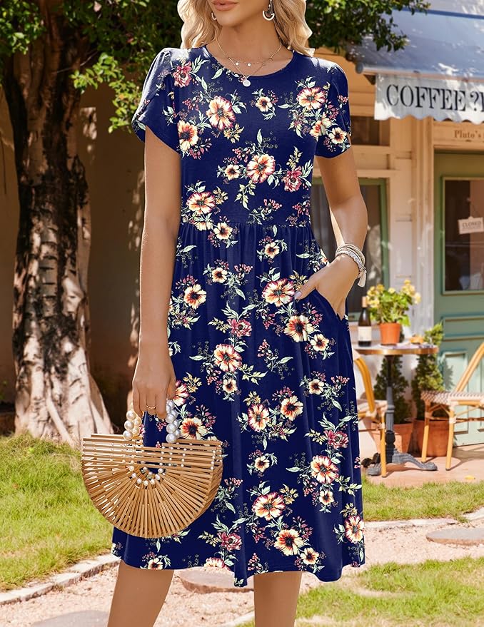 HOTOUCH Women's Summer A-Line Midi Dresses 2026 Casual Floral Short Sleeve T-Shirt Dress Flowy Beach Sundress with Pockets