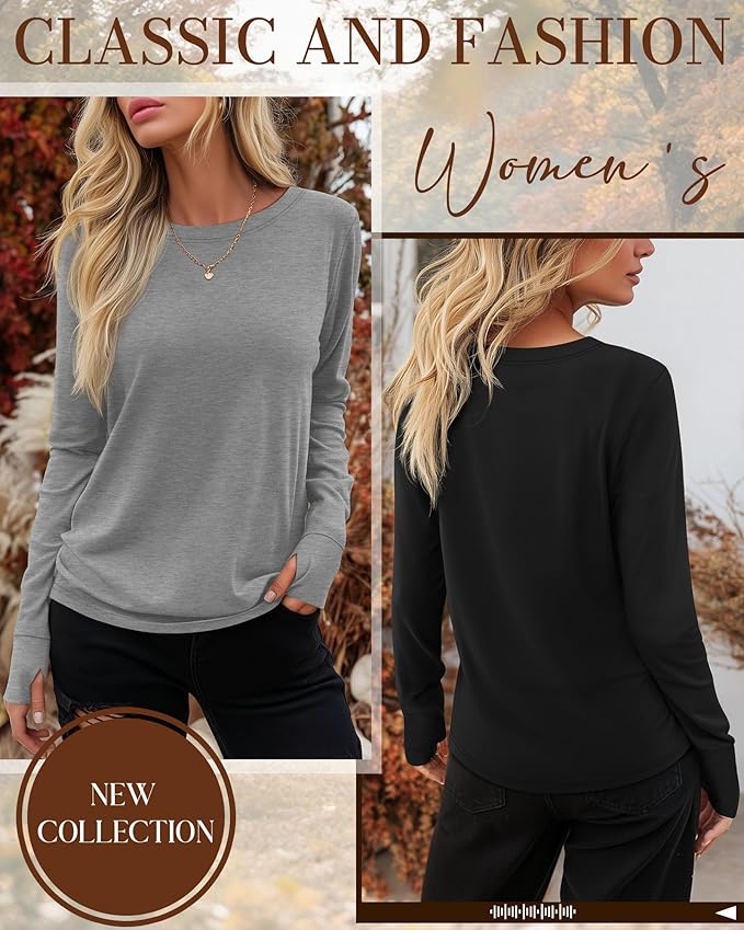 Huukeay 3 Pack Women's Long Sleeve Shirts with Thumb Holes, Cotton Casual Crew Neck Tunic Tops Fall Loose Y2k Trendy Outfits