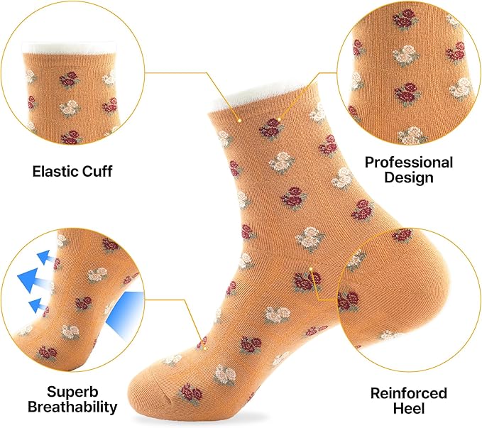Kikiya Women's Cotton Crew Socks - Cute Flower Graphic Polka Dot Striped Heart Patterned - Ladies Girls Casual Socks Size 6-8