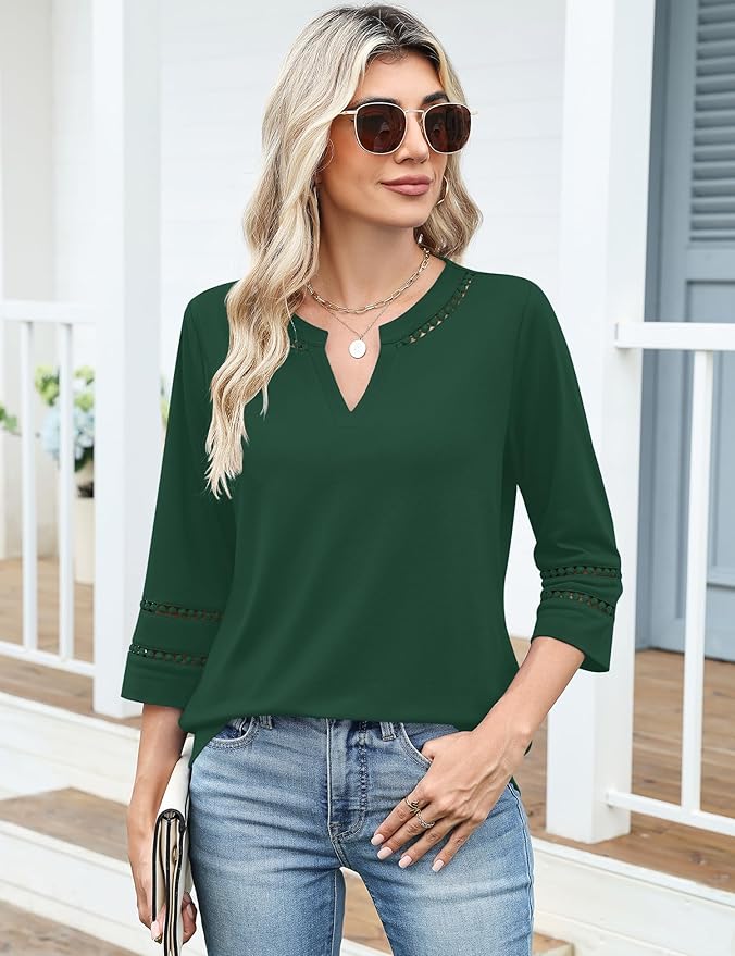 Ivicoer 3/4 Length Sleeve Womens Tops V Neck Lace Embroidered Summer Blouses Loose Fit Tunic Dressy Casual