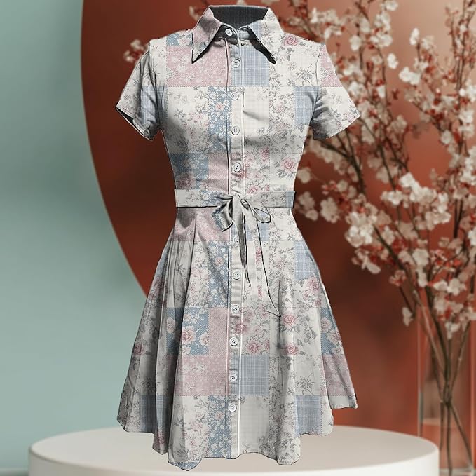 MARSVOVO Vintage Retro Shirt Dress for Women Short Sleeve Button Down Tie Waist Elegant Smocked Knee Length Dress