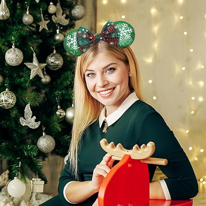 ETLUK Christmas Ears for Women Adult Girls, Mouse Ears Headbands with Bows for Trips, Party, Accessories (Plaid)