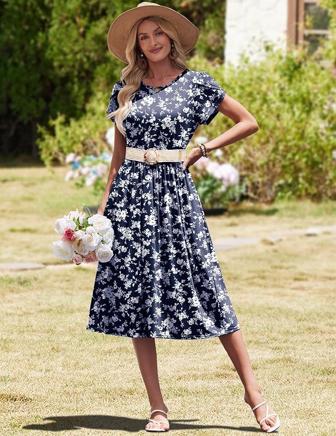 HOTOUCH Women's Summer A-Line Midi Dresses 2026 Casual Floral Short Sleeve T-Shirt Dress Flowy Beach Sundress with Pockets
