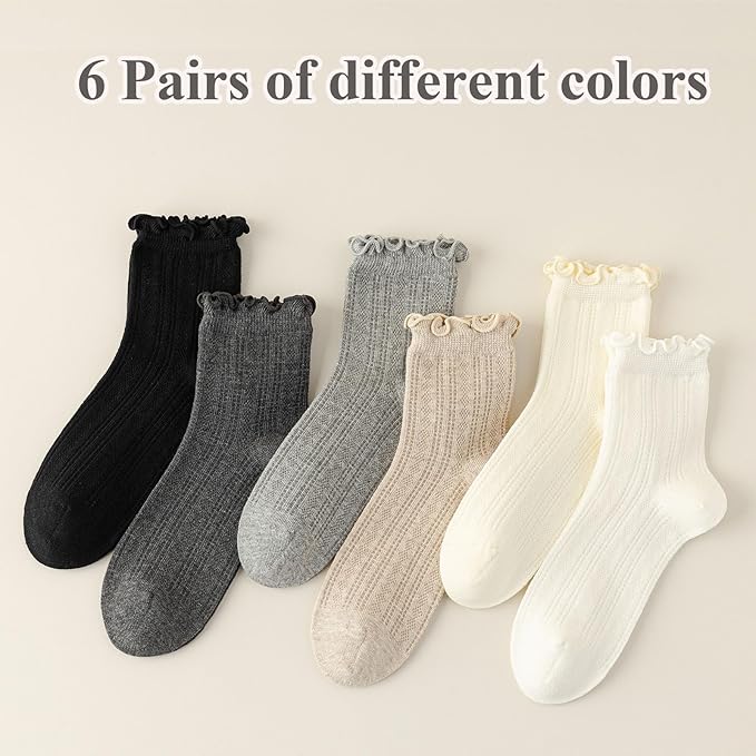 Mcool Mary Womens Crew Socks Ruffle Casual Cotton Frilly Breathable Cute Knit Lettuce Trim Dress Ankle Socks 6 Pack